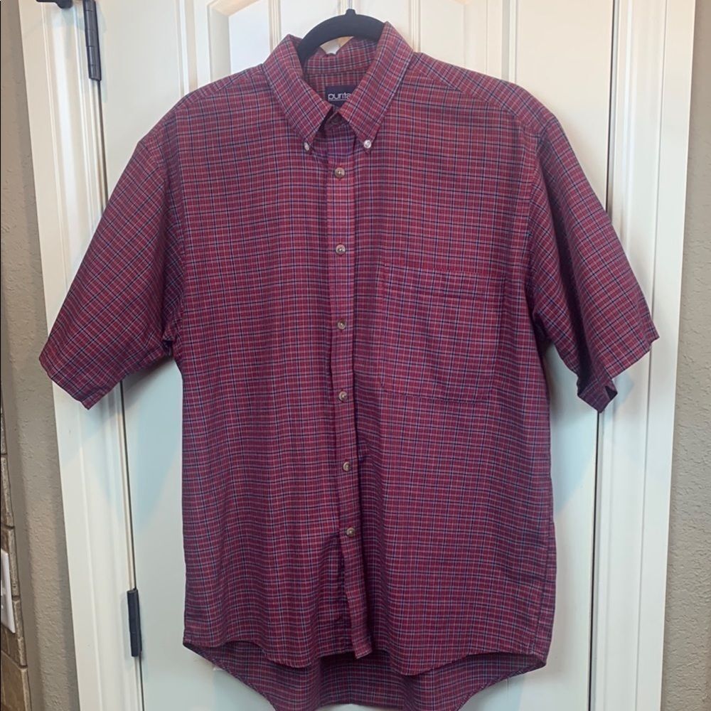 Puritan Red Plaid Short Sleeve Button Down Shirt, Large